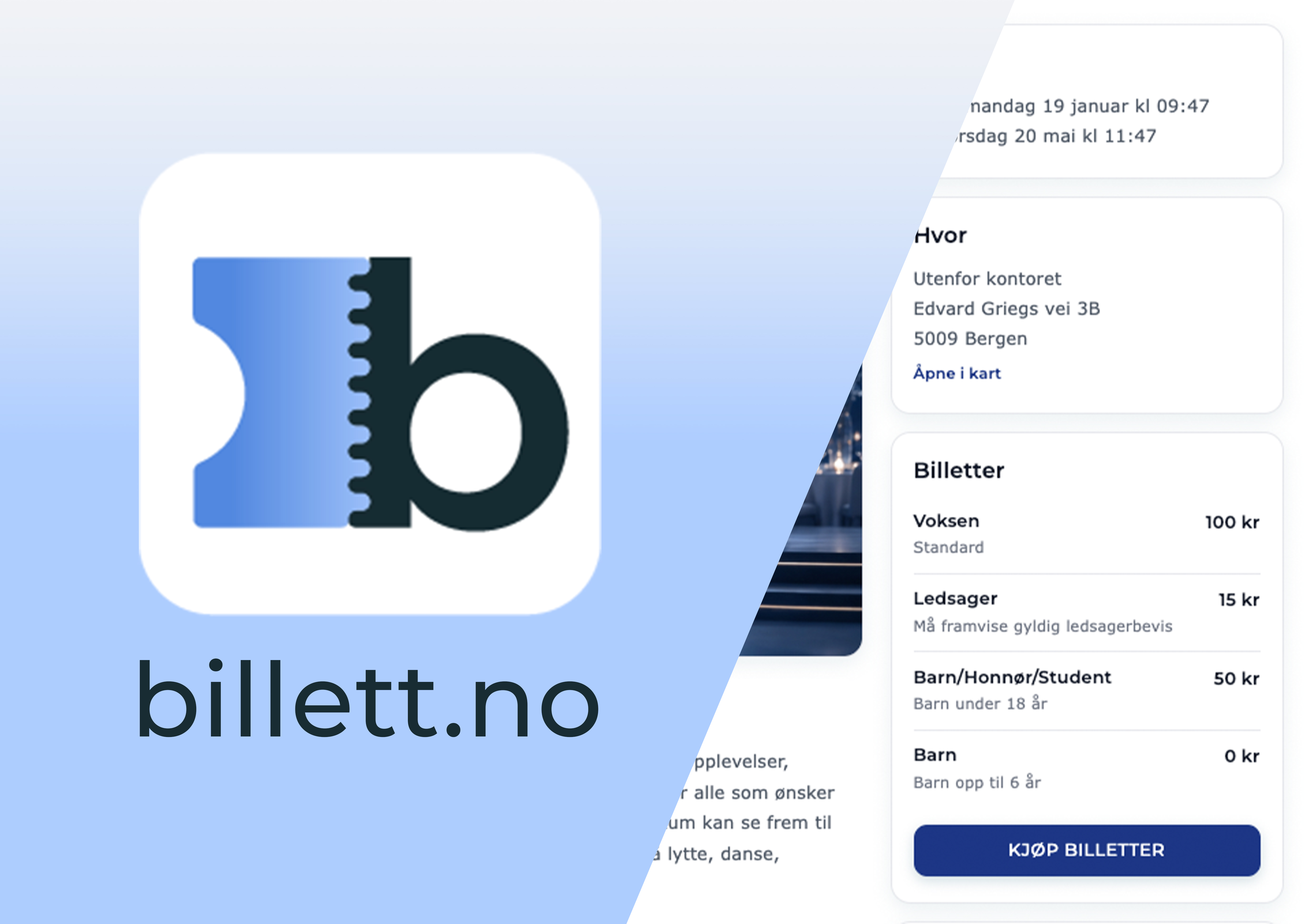 Bildegrafikk som viser logo og utsnitt av Billett.no sin nettside, profesjonell layout og kjølige farger 