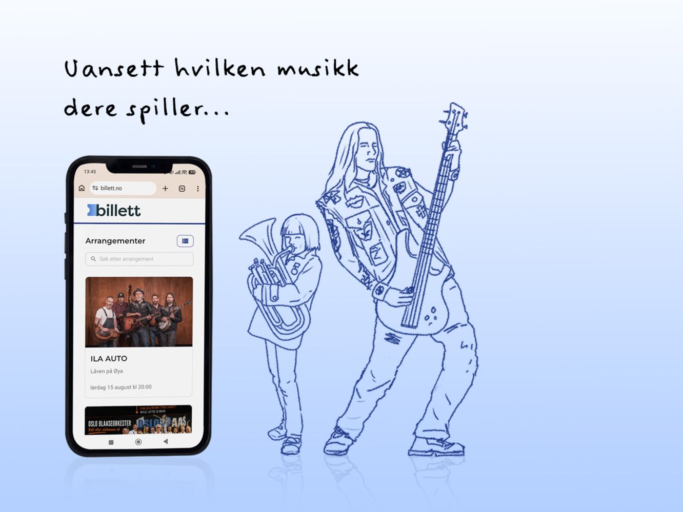 Bildegrafikk av mobiltelefon med billett.no åpen i nettleser, linje-tegning av liten jente som spiller tuba og rocker som spiller el-gitar