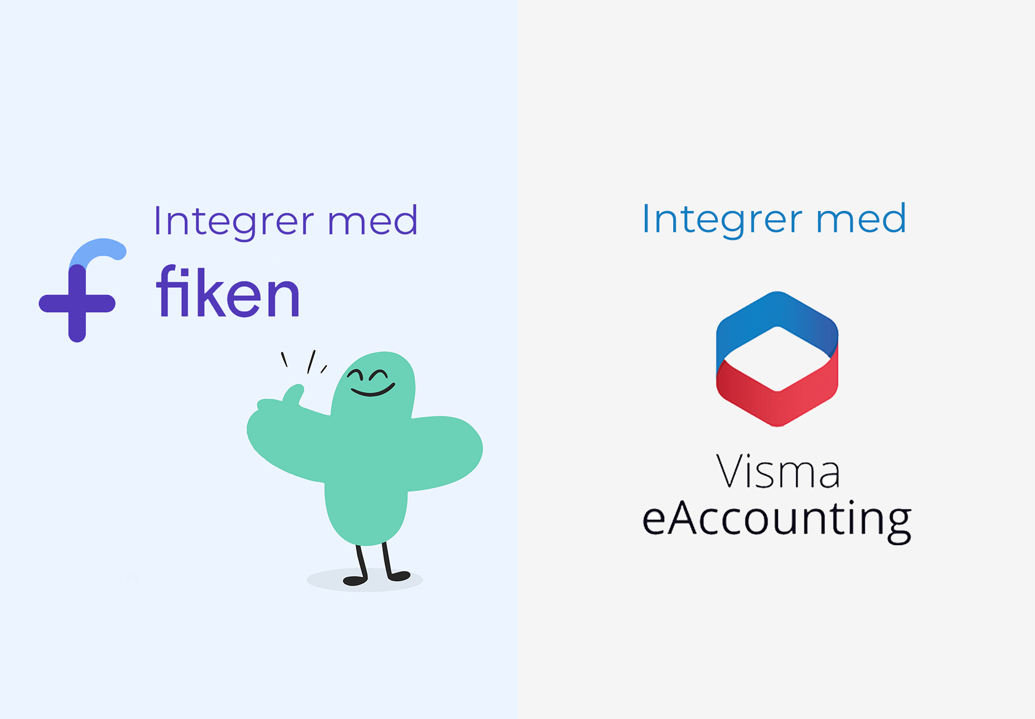 Bildegrafikk som viser Fiken og Visma eAccountings logoer på farget bakgrunn