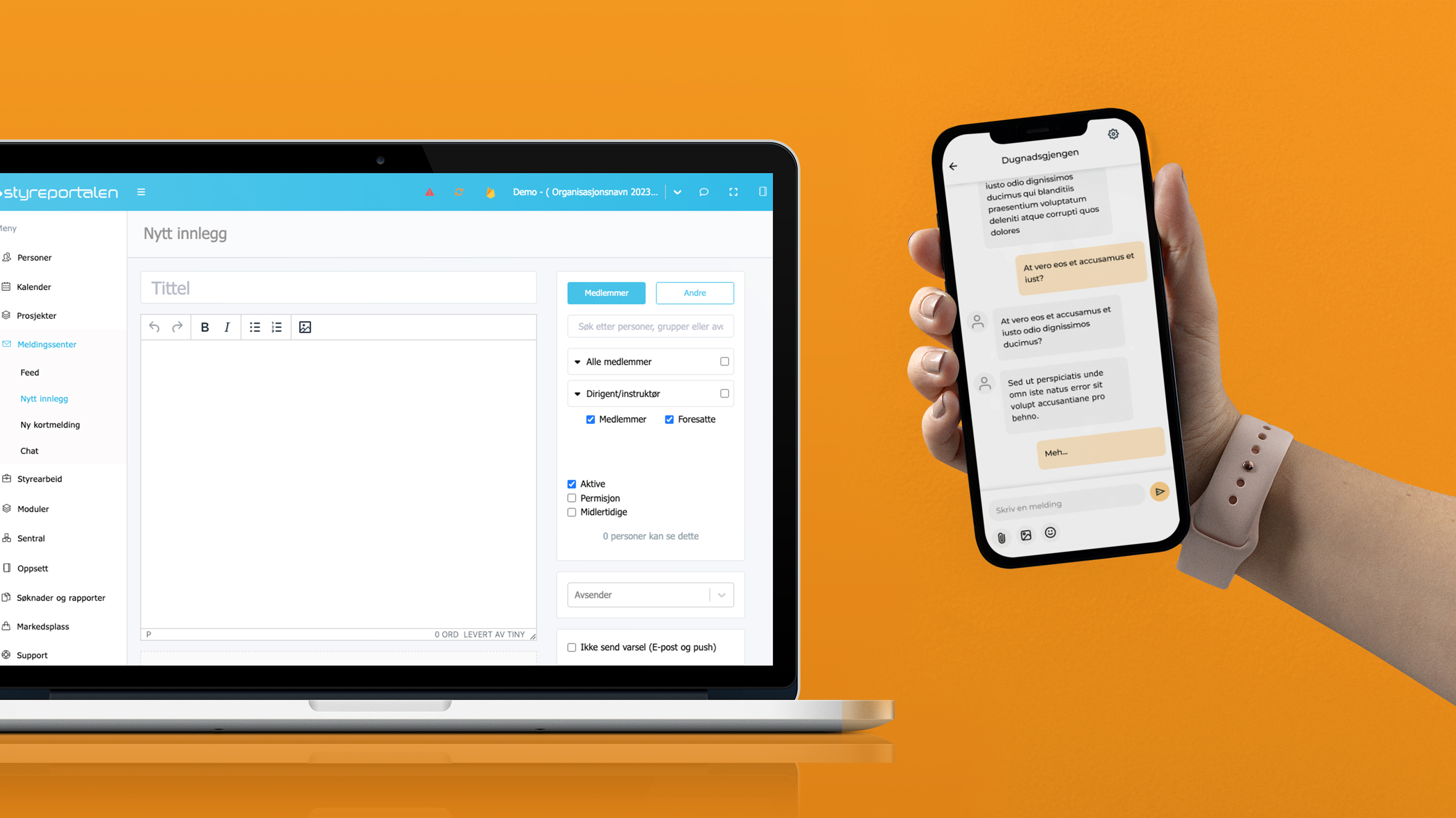 Bildegrafikk av bærbar PC og en hånd som holder mobiltelefon. Tuttis chat er synlig på begge skjermene. Ensfarget orange bakgrunn.