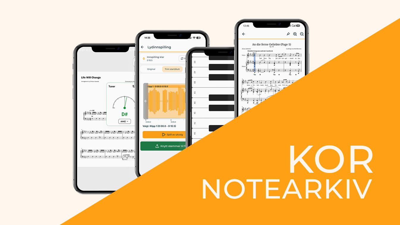 Notearkiv for kor Bildegrafikk av nettbrett og mobiltelefoner som viser flere notefunksjoner i Tutti